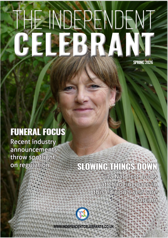Kris on the cover of The Independent Celebrant