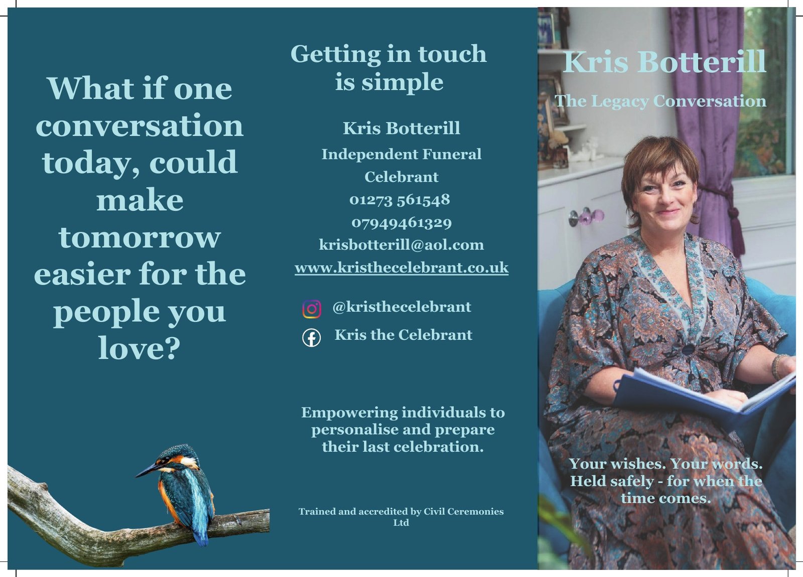 Outside of The Legacy Conversation brochure, with a photograph of Kris Botterill and her contact details.