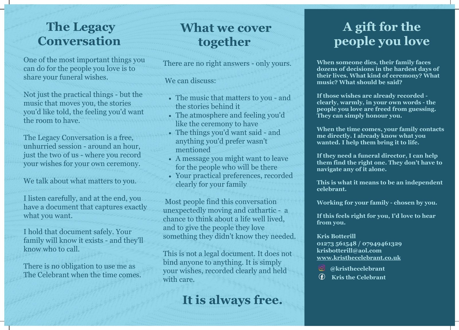 Inside of The Legacy Conversation brochure, describing the free session, what we cover together, and the gift of recording your wishes for the people you love.